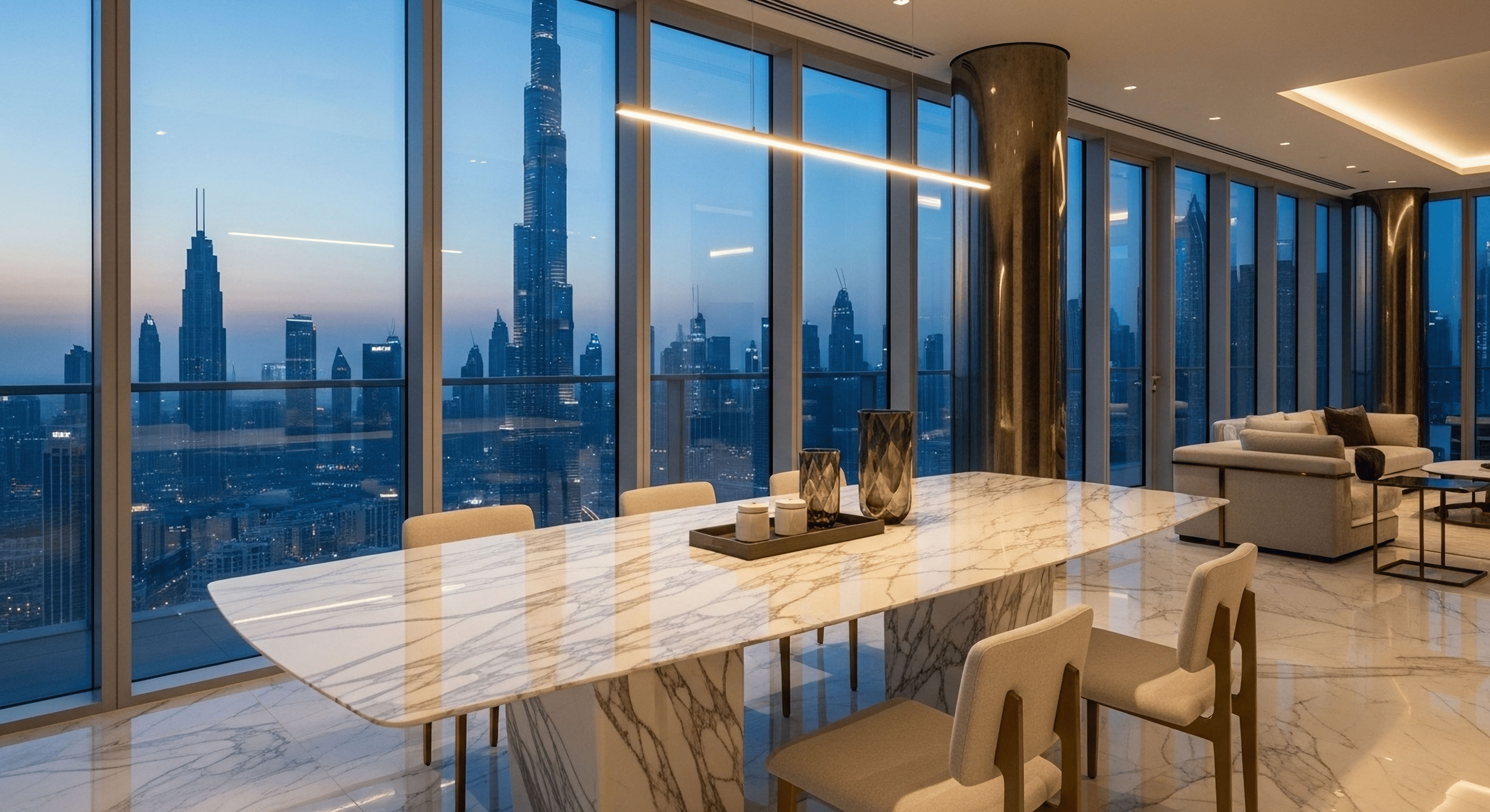Calacatta marble dining table in Dubai penthouse